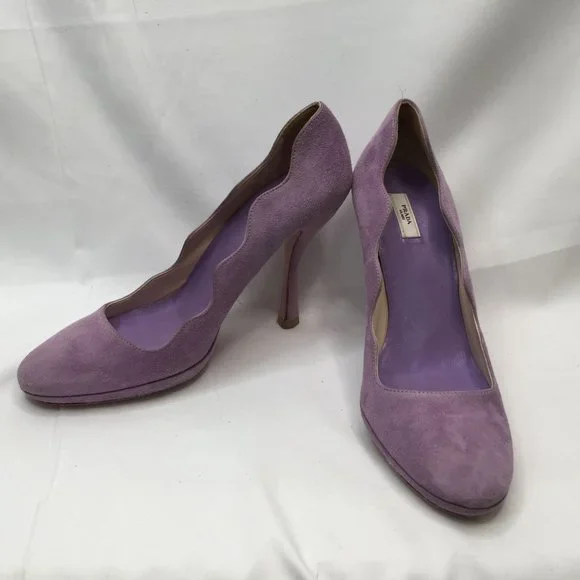 Prada Womens High Heels 38 Lavendar Suede Scalloped Edge Platform Leather Pumps - Picture 9 of 11